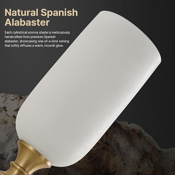 Vintage Alabaster Brass Wall Sconce: Set of 2 Antique Spanish Natural Marble Modern Vanity Wall Lights - 21.6" Long Linear Brushed Gold Sconces - Indoor Sconce for Bathroom Hallway Bedroom Living Room