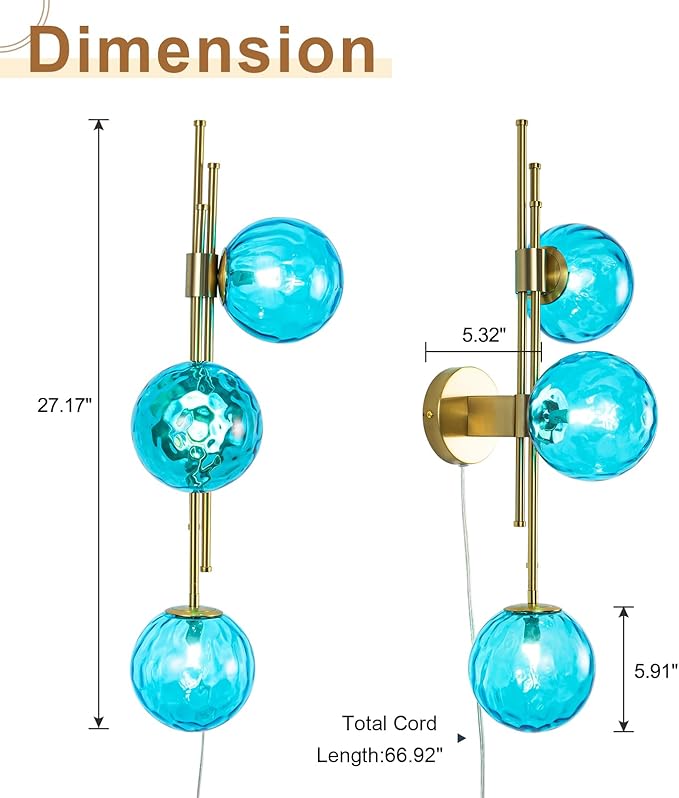 Modern Plug in Wall Sconce with Blue Hammered Glass Shade Gold Wall Light Fixtures for Bedroom Living Room Hallway