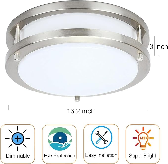 Drosbey 48W Dimmable LED Ceiling Light Fixture, Flush Mount Light Fixture for Kitchen, Bathroom, Bedroom, Garage, 5000 Lumens, 500W Equivalent, 13.2in, Daylight 5000K, Brushed Nickel