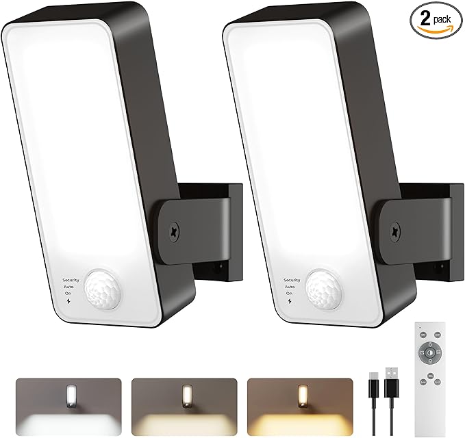 2 Pack Motion Sensor Outdoor Lights, 10000mAh Rechargeable 600 Lumen Battery Operated Outdoor Wall Lights with 3 Modes, 3 Colors, IP65 Waterproof Outdoor Security Lights for Fences, Garage, Patio