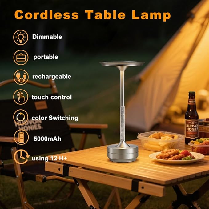 EJQ Cordless Rechargeable Table Lamps, Portable 6000mAh Battery Desk Lamp Waterproof 3 Color Stepless Dimming LED Table Light with Memory Function for Outdoor/Dinning/Patio/Restaurant (Sliver 1Pack)