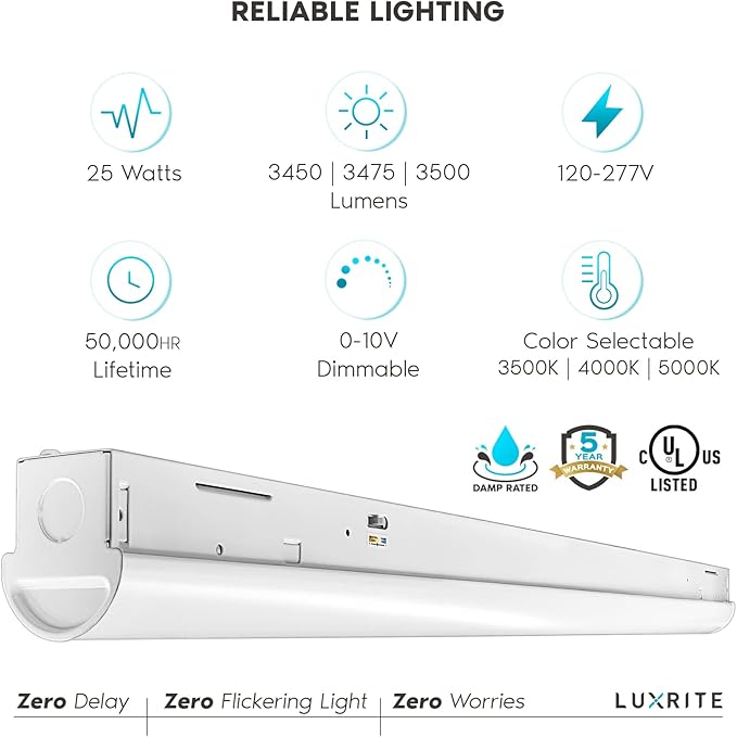 LUXRITE 3FT Slim LED Shop Light, 25W, 3450 Lumens, Linear Strip, 3 Color Selectable 3500K-5000K, 0-10V Dimmable, Flush Mount, UL Listed - Garage, Workshop