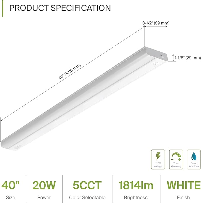ASD 40 Inch Hardwired LED Under Cabinet Light, On/Off & 5CCT Switch 2700K-5000K, 20W 1814LM CRI90+, Direct Wire Low Profile Linkable Fixture, Dimmable Under Counter Kitchen Lighting, White, UL