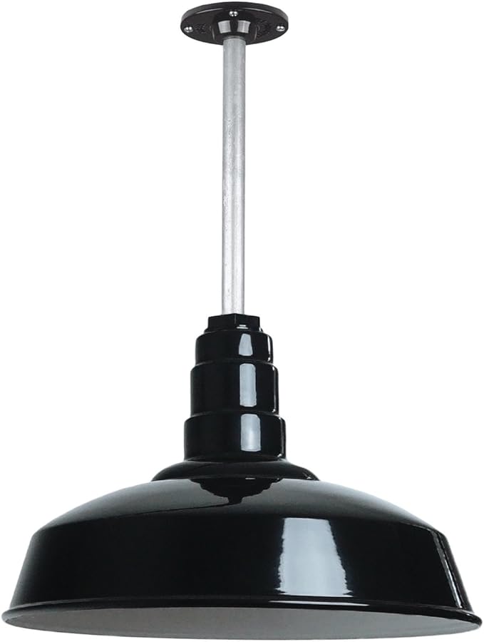 Steel Lighting Co. Carson Barn Light | Ceiling Mounted Pendant | 16 inch Dome | 12 inch Stem | Industrial Style Steel Light Made in America | Black Exterior/White Interior