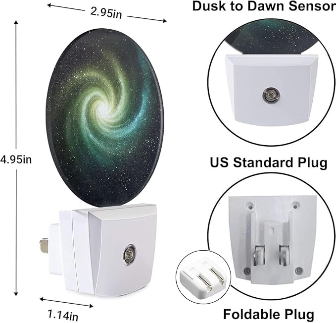 Plug-in Star-Filled Cosmos Night Light Green and Teal Spiral Galaxy Nightlight with Dusk to Dawn Sensor, Auto On/Off 0.5W Energy-Saving LED Lighting for Men Women Boys Girls Gift