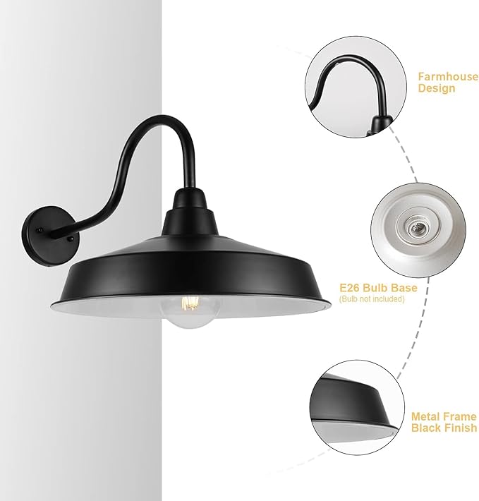 Barn Light Outdoor, 16 Inch Dome Large Farmhouse Exterior Light Fixture Wall Mount, Industrial Outdoor Wall Sconce Outside for House, Shop, Front Porch, Garage, Entryway, Black, 4 Pack