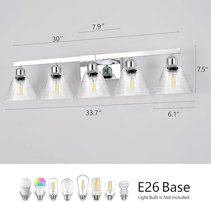 5-Light Modern Bathroom Vanity Lights, Nickel Bathroom Light Fixtures with Clear Glass Shade, Farmhouse Wall Sconces for Mirror Kitchen Bedroom Living Room