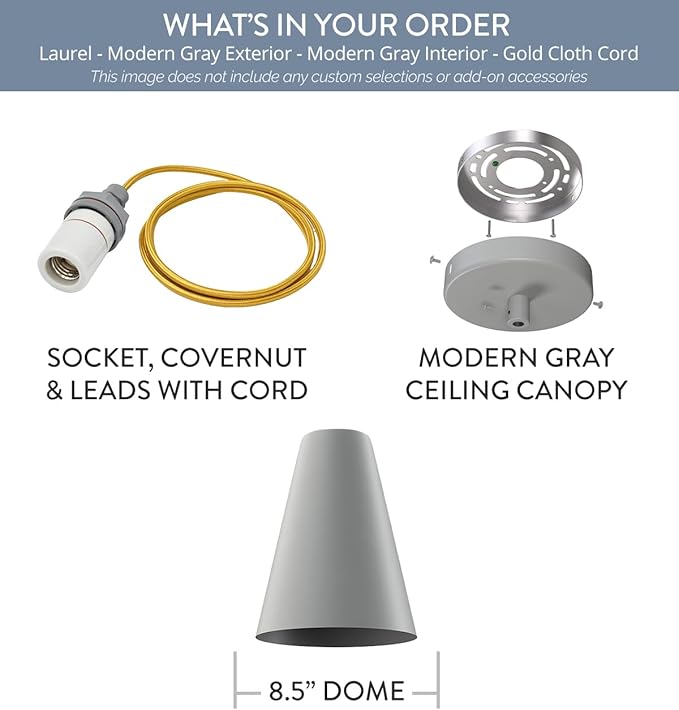 Steel Lighting Co. Laurel Pendant Light | Ceiling Mounted | 8.5 inch Cone Shade | Modern Contemporary Farmhouse Style Made in America | Gold Cloth Cord | Modern Gray Exterior/Modern Gray Interior