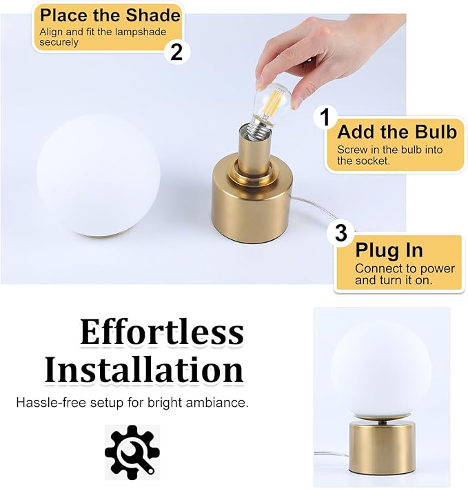 9 Inch Modern Gold Globe Table Lamp, Vintage Mid Century Round Table Lamp with White Glass Shade Metal Base for Bedroom Bedside Lamp Living Room End Table
