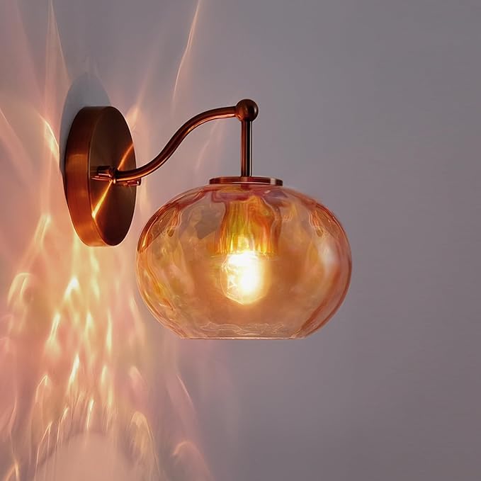 Modern Iridescent Glass Wall Sconce Gold Brass Wall Light Set of 2 Hammered Amber Glass Vanity Light for Bedroom Hallway Living Room Stairwell Bathroom Over Mirror