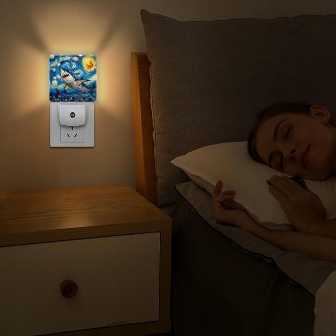 LED Night Lights Plug into Wall,Starry Night Swimming Great White Shark Decorative Night Lights Plug into Wall with Auto Light Sensor for Boys Girls Bedroom Decorative Nightlight Led Lamp