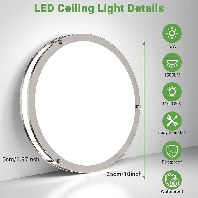zemty 4Pack 10Inch Brushed Nickel LED Flush Mount Ceiling Lights, Dimmable 3000K-6500K,15W 1500LM Damp-Rated Stainless Steel Light Fixture for Hallway, Kitchen, Bathroom, Closet, Laundry