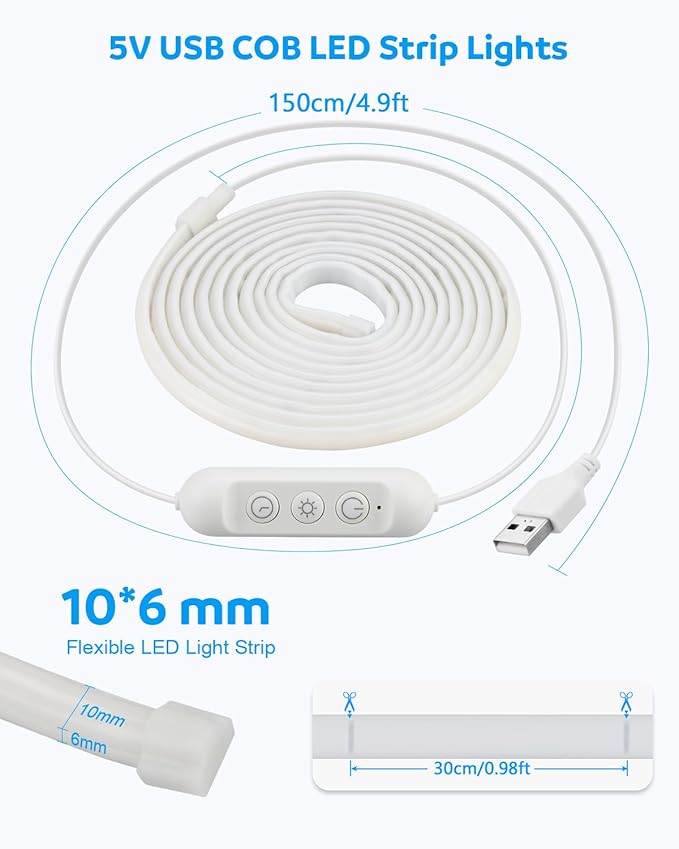 Aclorol 5V COB LED Strip Light 6000K Cold White Waterproof IP67 Dimmable 20FT LED Rope Lights with Timer 10mm Width for Bedroom Kitchen Balcony Railing Pergola Indoor Outdoor Lighting Decoration
