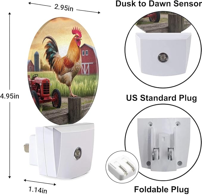 Plug-in Rooster Night Light Rustic Farm Scene Night Lights Plug into Wall with Auto on/Off Sensor, 0.5W LED Nightlight for Bedroom Bathroom Kitchen Hallway