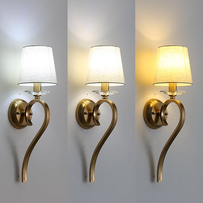 Set of 2 Gold Wall Sconce Light Fixtures, 1-Light Mid Century Modern Vanity Lighting with Conical Fabric Shade, Graceful Curved Iron Arm, Crystal Accent, Indoor Classic Wall Mounted Lamps (Beige)