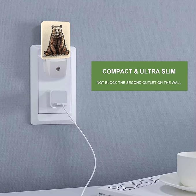 LED Night Light,Brown Bear Linear Sketch LED Night Light Plug into Wall with Dusk to Dawn Light Sensor White Energy Efficient Nightlight for Bedroom Bathroom Hallway Living Room Kitchen