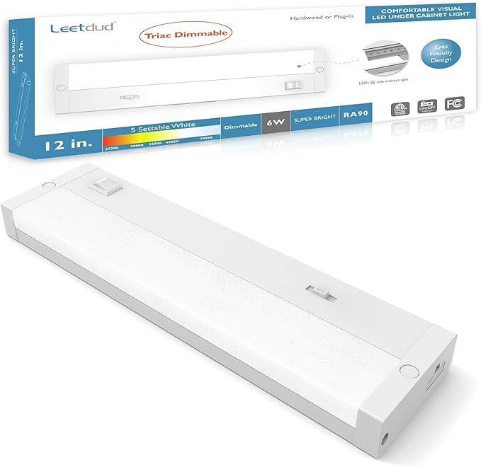 LED Under Cabinet Lighting Hardwired or Plug in, 12 Inch 6W, Dimmable 5 Color 2700K/3000K/3500K/4000K/5000K, Linkable Eyes Care Design Counter Lights for Kitchen, Sink, ETL Listed, White