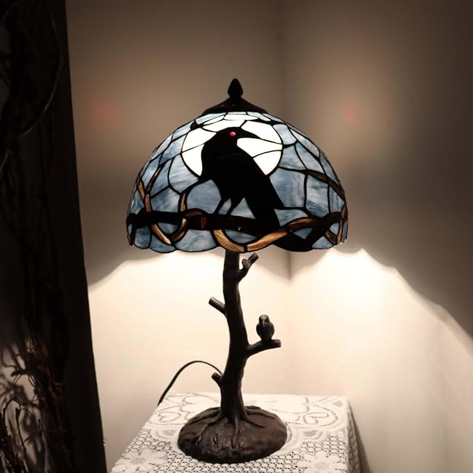 Bieye L10956 Raven Sitting on Bare Tree Branch in Full Moon Night Tiffany Style Stained Glass Table Lamp for Home Decor (Dark Blue, 12Wx20H)