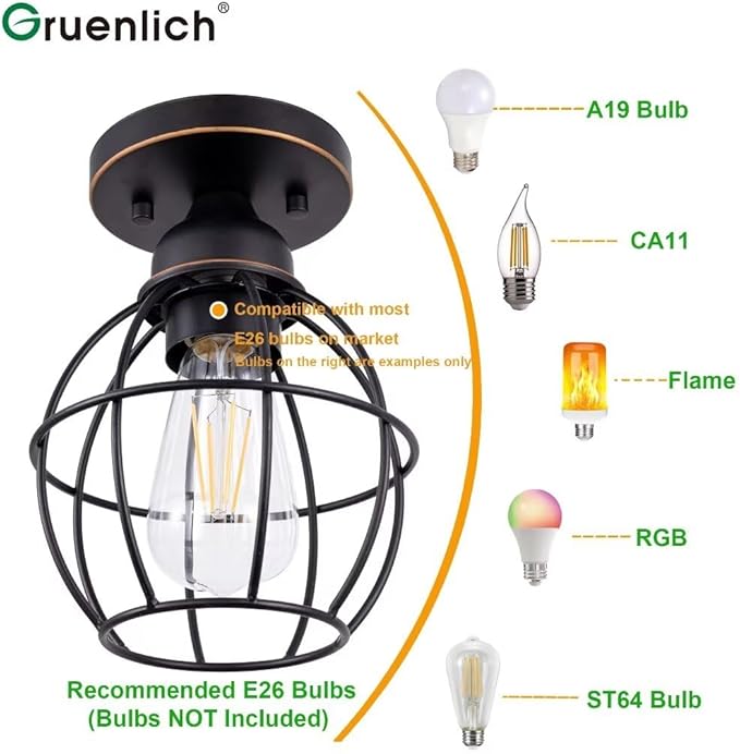GRUENLICH Semi Flush Mount Ceiling Light Fixture for Outdoor and Indoor, E26 Medium Base 60W Max, Metal Housing and Metal Cage, Bulb not Included, 2-Pack, Oil Rubbed Bronze Finish