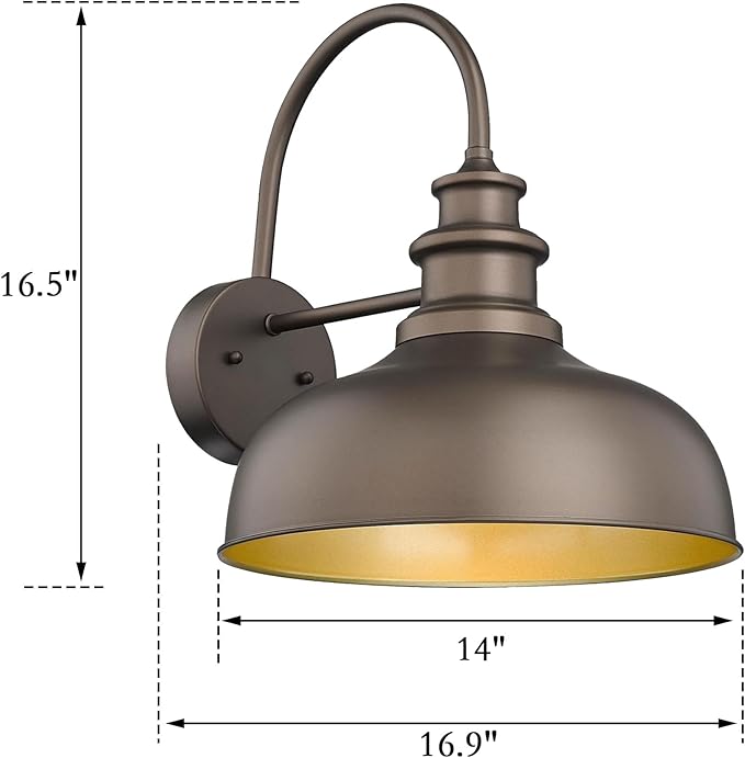 Bestshared Farmhouse Barn Light, 14 Inch Dome Farmhouse Wall Mount Light Fixture, Outdoor Wall Sconce,Exterior Lighting Fixture,Wall Porch Light for Front Door, Entryway,Patio(ORB+Gold, 14”Dome-2Pack)