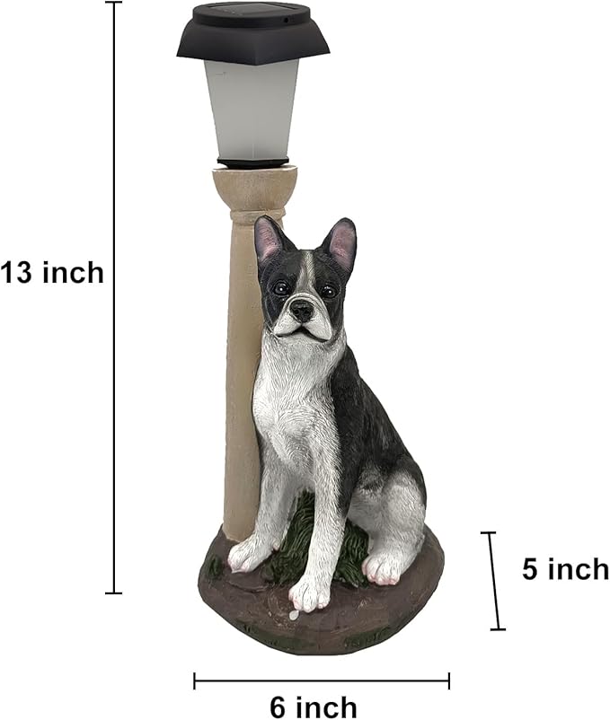 Solar Dog Garden Statues with Lantern, Resin Boston Terrier Sculpture with Warm White Light for Outside Lawn Porch Patio