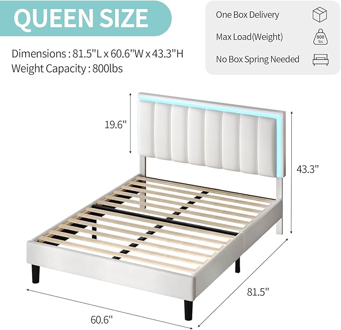 Queen Bed Frame, Bed Frame Queen Size with LED Lights, Upholstered Queen Bed Frames with Headboard, Heavy Duty Wood Slats Support, Noise-Free, No Box Spring Needed, Easy Assembly, White