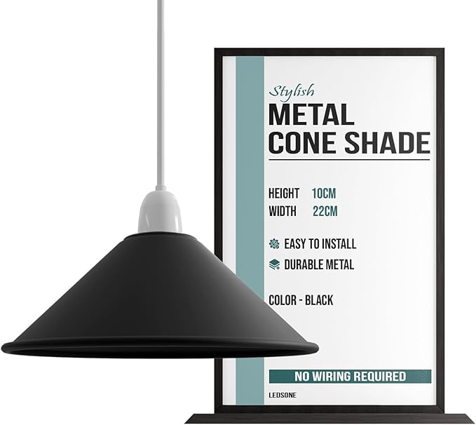 Black Metal Cone Pendant Light Shade Farmhouse Hanging Light Fixture Replacement Lamp Shade for Ceiling Fan or Kitchen Island Lighting (Black, Pack of 1)
