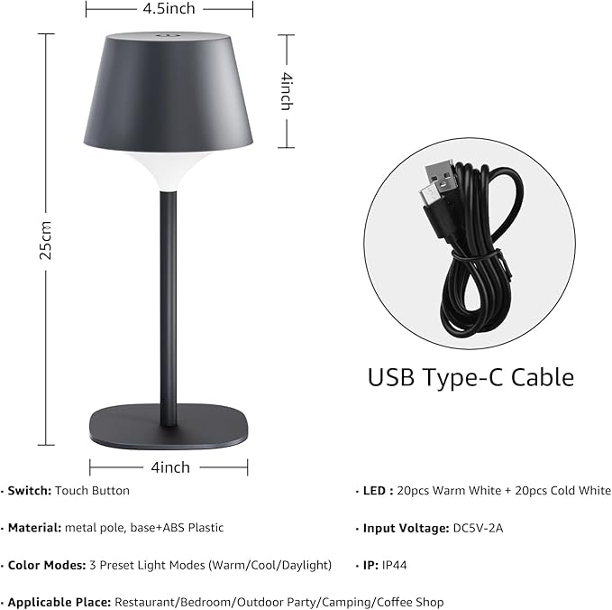 FUYO 2 Pack Cordless Table Lamp, Portable LED Desk Lamp, 3 Color Stepless Dimmable Rechargeable LED Table Lamp for Restaurant/Bedroom/Bars/Outdoor Party/Camping/Coffee Shop