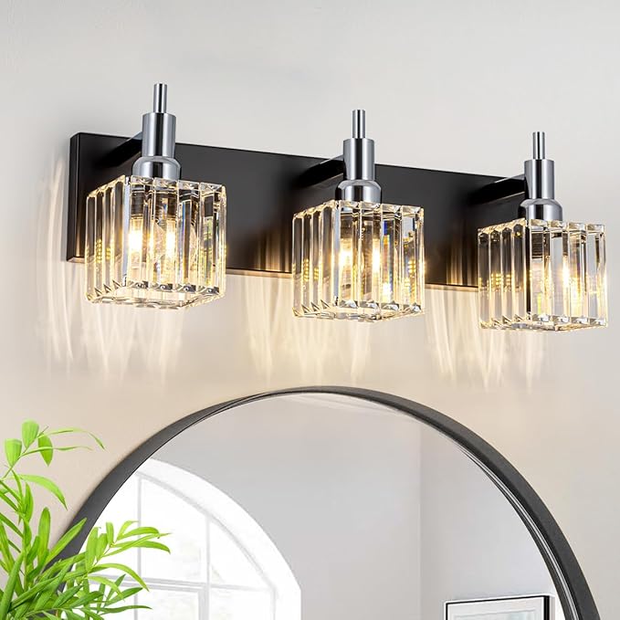 Black Chrome Bathroom Vanity Lights, Modern 3 Lights Crystal Bathroom Lighting Fixtures Over Mirror Wall Light with Square Shade