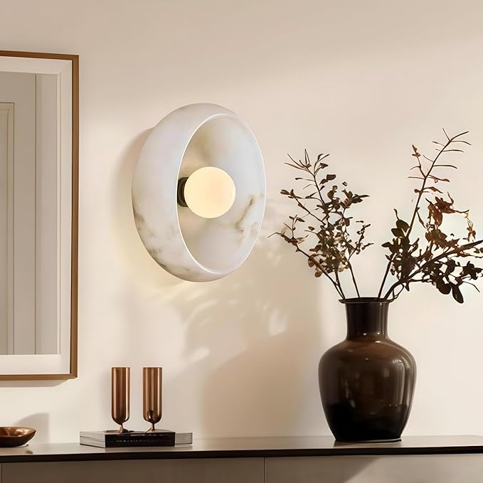 Artistic Alabaster Wall Sconce - Soft Diffused Lighting for Bedroom, Hallway & Living Room, Sculptural Design, G9 Bulb (10” Diam)