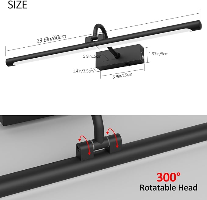 Aipsun 23.6" Black Picture Lights for Wall Rechargeable,12000mAh Battery Operated Art Light for Paintings,3CCT Dimmable, Rotatable Gallery Light for Pictures Display