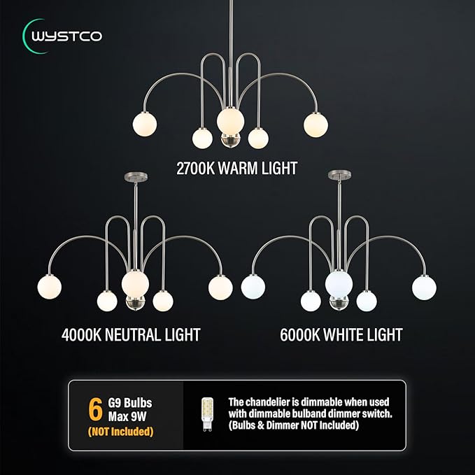 Modern Sputnik Globe Chandelier, 6-Light Nickel Linear Chandeliers for Dining Room and Kitchen Island, Mid Century Light Fixture Over Table, (Milk White Glass Bubble Shades, 40 Inch)