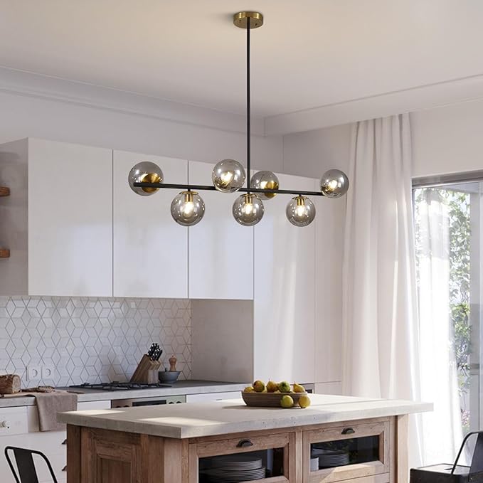 KCO Lighting Black and Gold Linear Kitchen Pendant Lighting Mid Century Modern Chandelier 7-Light Smoke Glass Globe Round Chandelier Vintage Long Dining Room