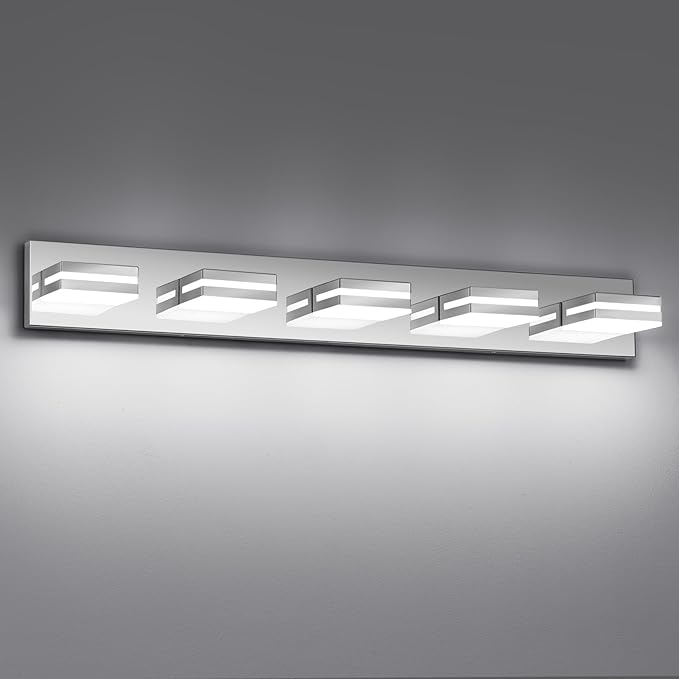 Modern LED Bathroom Lights Fixtures(5-Light),Stainless Steel Chrome Acrylic Wall Lighting,Vanity Lights for Bathroom Over Mirror(6000k 34in)