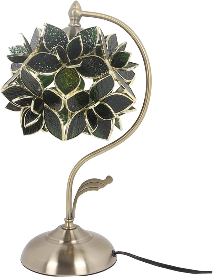 Bieye L11044 Tiffany Style Stained Glass Flower Petal Table Lamp with Brass Base for Home Décor (Green, 8" Rose Lily)