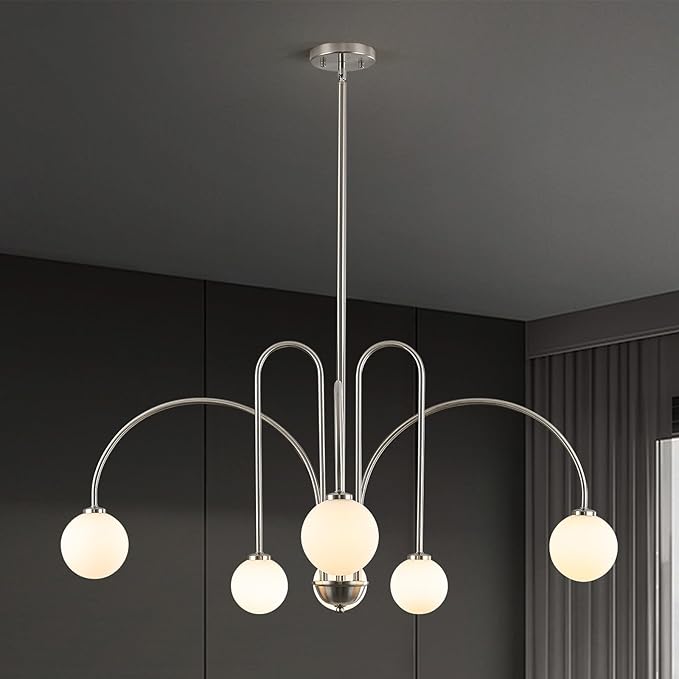 Modern Sputnik Globe Chandelier, 6-Light Nickel Linear Chandeliers for Dining Room and Kitchen Island, Mid Century Light Fixture Over Table, (Milk White Glass Bubble Shades, 40 Inch)