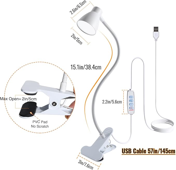 Clamp Desk Lamp, Clip on Reading Light, 3000K-6500K Adjustable Color Temperature, Multiple Illumination Modes, CRI>90, 6Watts (Adapter Not Included)