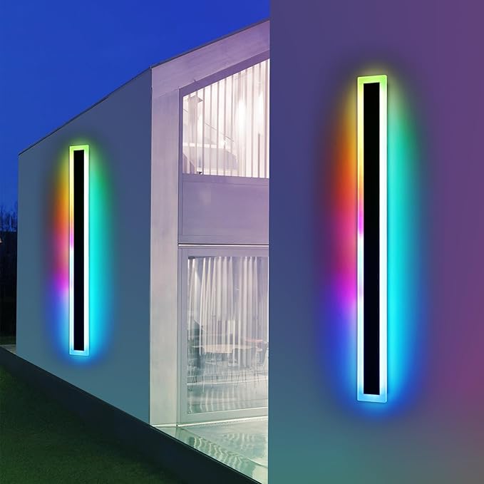 Widened 2 Pack Modern Exterior Lighting Fixtures, 57inch RGB Dimmable Outdoor Wall Sconces, 10 Colors, 5 Modes, IP65 Waterproof, Black Long LED Wall Mount Lights for Fence, Balcony, Garage