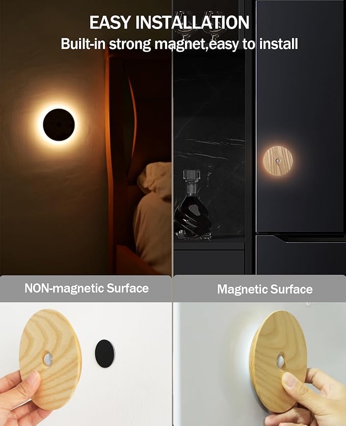 Motion Sensor Night Light Wood, Rechargeable Battery-Powered Magnetic Stick-On Night Light Wall Light for Indoor Stairs, Hallway, and Bedroom (Ash Wood *1Pack)