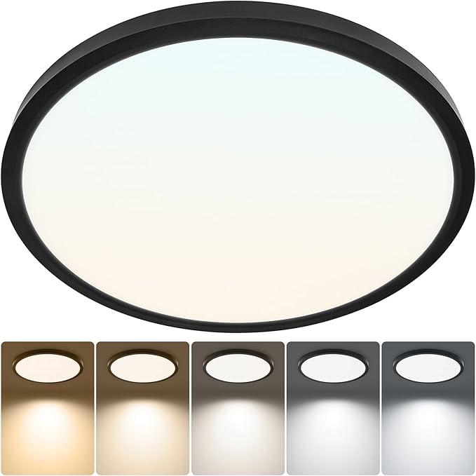 1 Pack 12-inch Round LED Flush Mount Light - 24W 2640LM Dimmable, 5 CCT Selectable, Easy Install Ceiling Panel Fixture for Bedroom, Kitchen, Hallway, Apartment, Laundry, Matte Black
