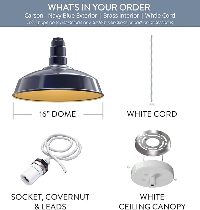 Steel Lighting Co. Carson Barn Light | Ceiling Mounted Pendant | 16 inch Dome | 4' White Cord | Industrial Style Steel Light Made in America | Navy Blue Exterior/Brass Interior