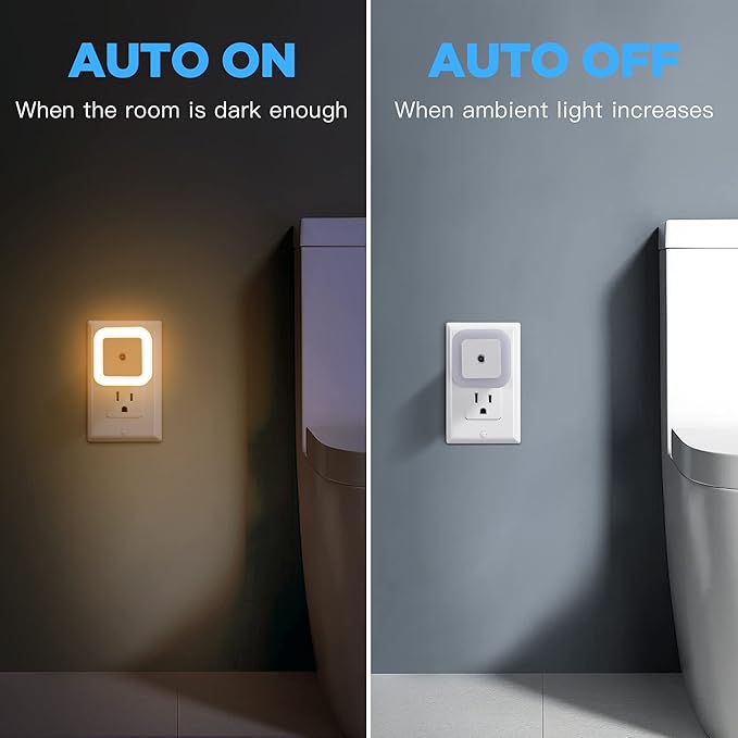 Plug-in LED Night Light with Dusk to Dawn Sensor for Hallway, Stairs, Bathroom, Kitchen, Bedroom, Nursery, Kids Room, Warm White, Pack of 6