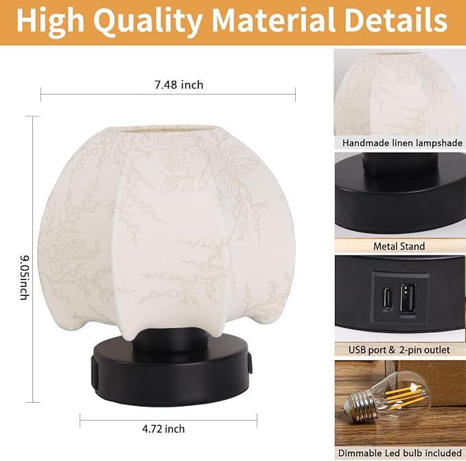 Mushroom Table Lamp 3 Way Touch Dimmable with USB Charging Ports A/C and Outlet Mushroom Night Light, Vintage Nightstand Lamp, Farmhouse Bedside Lamps for Living Room