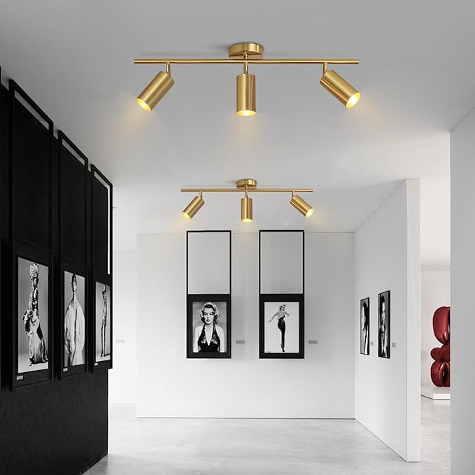 BOKT Brushed Brass Gold 3-Lights LED Adjustable Track Lighting Kit Mid Century Modern 3 Way Flush Mount Ceiling Spotlight Kitchen Track Ceiling Light Fixture