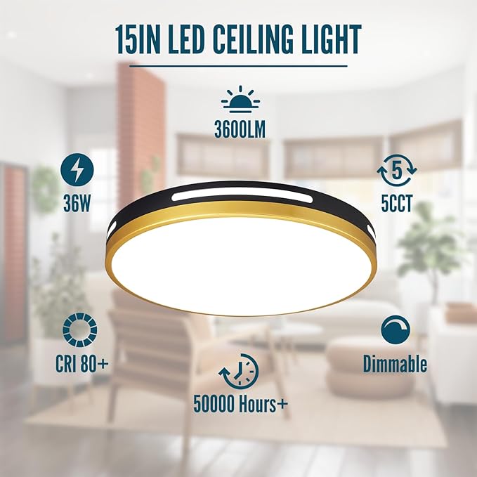 15 Inch LED Flush Mount Ceiling Light Fixture Black and Gold, 36W Dimmable Modern Kitchen, Bedroom, Bathroom, Living Room Lighting Fixture