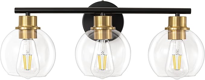 3-Light Black and Gold Bathroom Vanity Light Fixture with Glass Shades, Industrial Wall Sconce