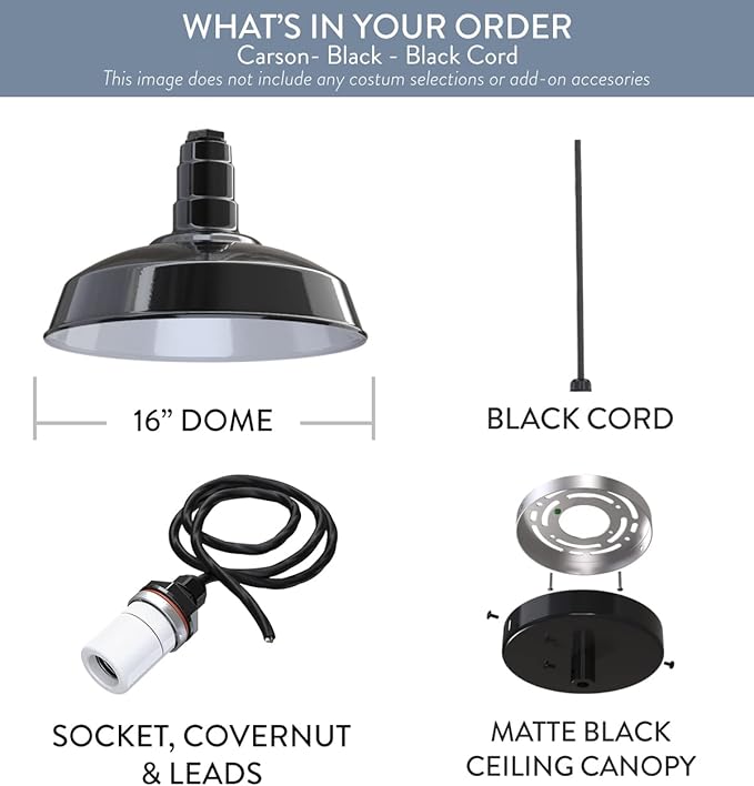 Steel Lighting Co. Carson Barn Light | Ceiling Mounted Pendant | 16 inch Dome | Black Cord | Industrial Style Steel Light Made in America | Black Exterior/White Interior