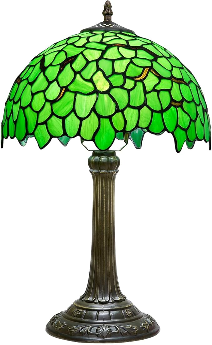Tiffany Lamp - Green Leaf Stained Glass Table Lamp 12x12x18 Inches - Green Leaf Style Desk Reading Light - Bedroom & Living Room Decor
