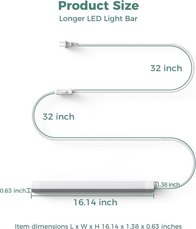 ASOKO 16 Inch Under Cabinet Lights,Plug and Play Under Counter Lighting,4500K Daylight White with 700LM Bright,ETL Light Bar with ON/Off Switch for Kitchen,Under Desk,Workbench