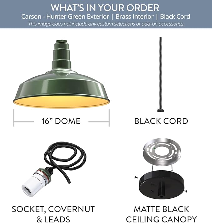 Steel Lighting Co. Carson Barn Light | Ceiling Mounted Pendant | 16 inch Dome | 4' Black Cord | Industrial Style Steel Light Made in America | Hunter Green Exterior/Brass Interior